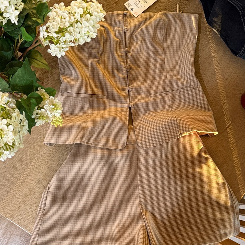 Zara Tan Checkered Jumpsuit